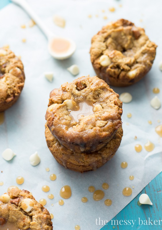 Gluten-Free White Chocolate Pumpkin Cookie Cups with Apple Cider Caramel | www.themessybakerblog.com