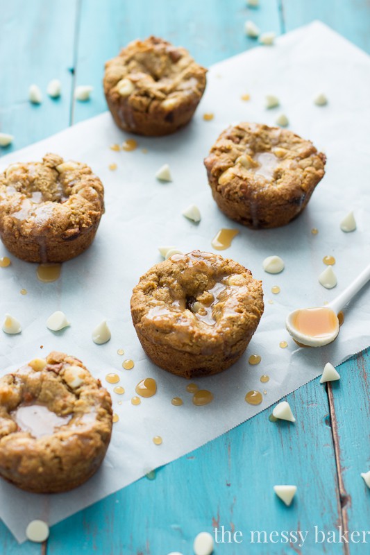 Gluten-Free White Chocolate Pumpkin Cookie Cups with Apple Cider Caramel | www.themessybakerblog.com