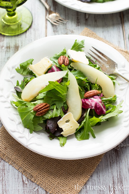 Poached Pear and Brie Salad with Balsamic Vinaigrette | www.themessybakerblog.com