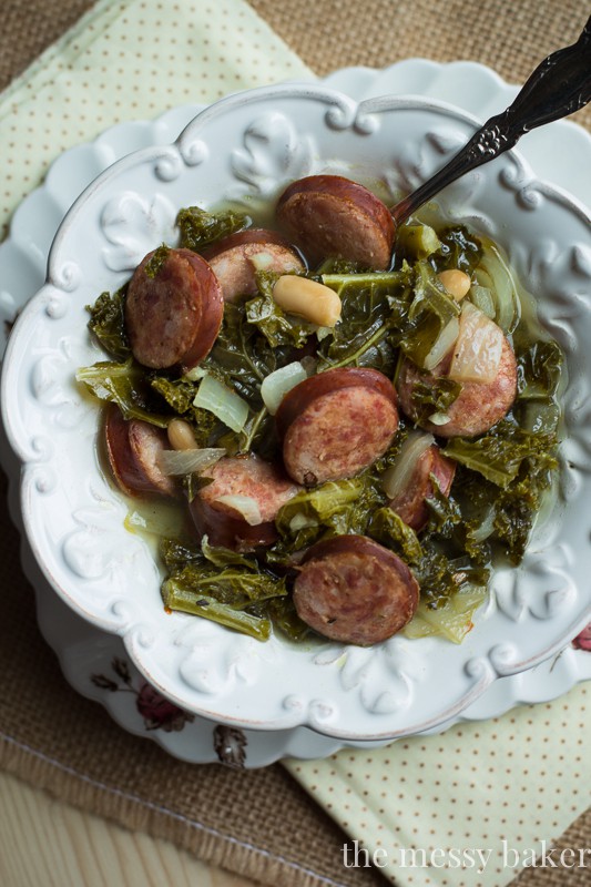 Slow Cooker Kielbasa Soup with Kale and White Beans | www.themessybakerblog.com