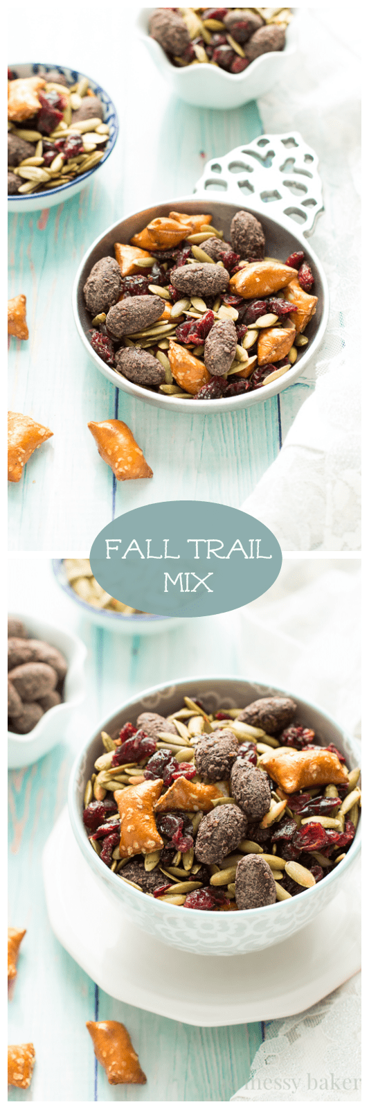 Easy Fall Trail Mix made with pumpkin seeds, dried cranberries, peanut butter filled pretzels, and dark chocolate covered almonds | www.themessybakerblog.com