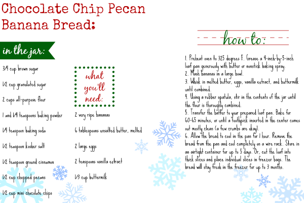 Chocolate Chip Pecan Banana Bread Recipe Card | www.themessybakerblog.com