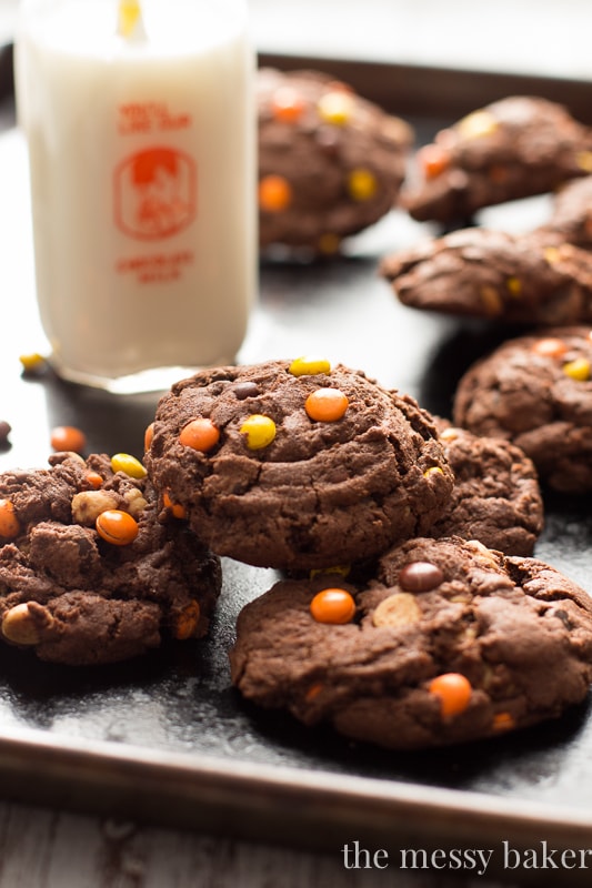 Chocolate Reese's Pieces Pudding Cookies | www.themessybakerblog.com