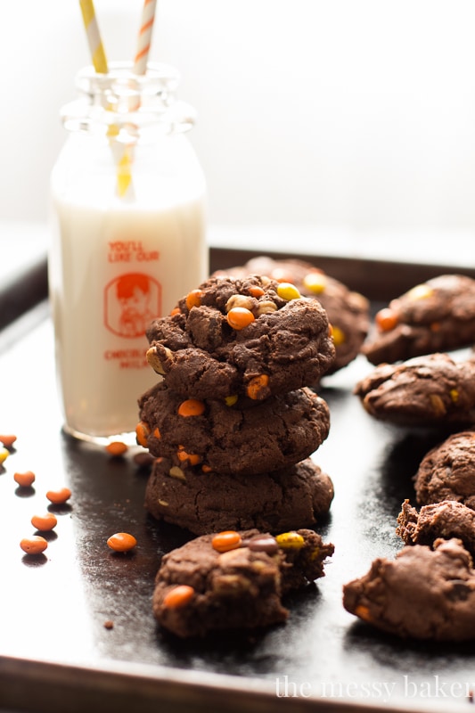 Chocolate Reese's Pieces Pudding Cookies | www.themessybakerblog.com