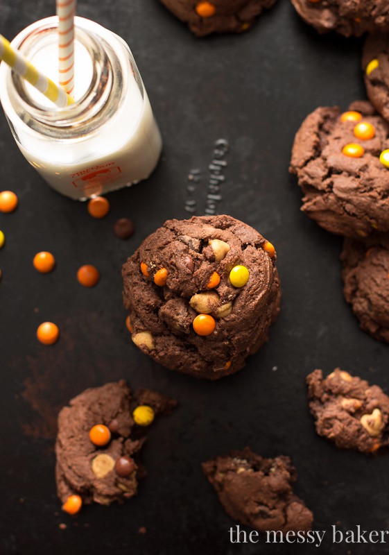 Chocolate Reese's Pieces Pudding Cookies | www.themessybakerblog.com