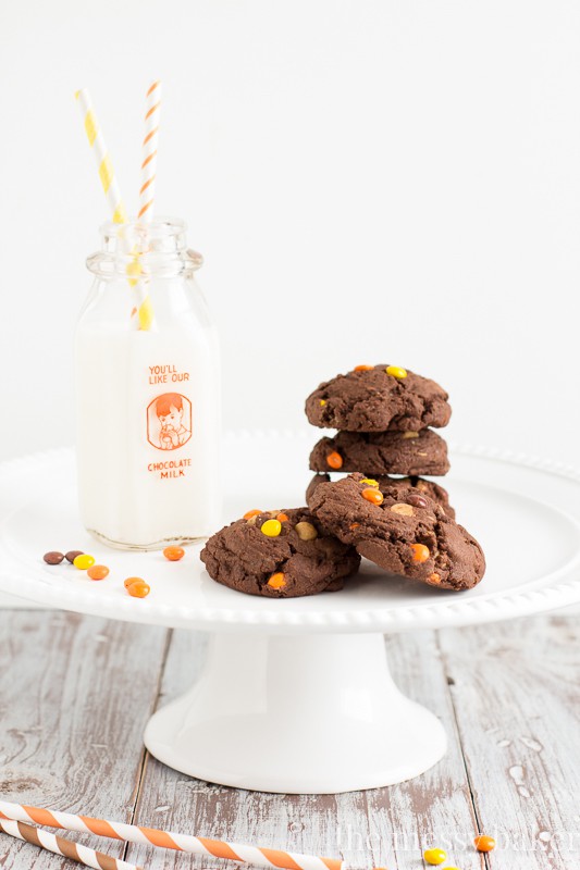 Chocolate Reese's Pieces Pudding Cookies | www.themessybakerblog.com