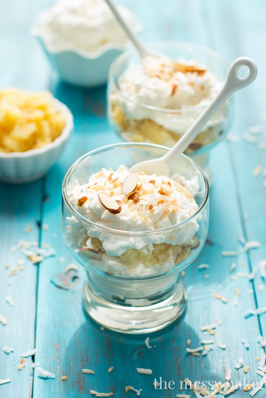 Pina Colada Fool | This no-bake dessert is layered with whipped cream, sweet pineapple, and toasted coconut and almonds. It's ready to serve in 10 minutes. 