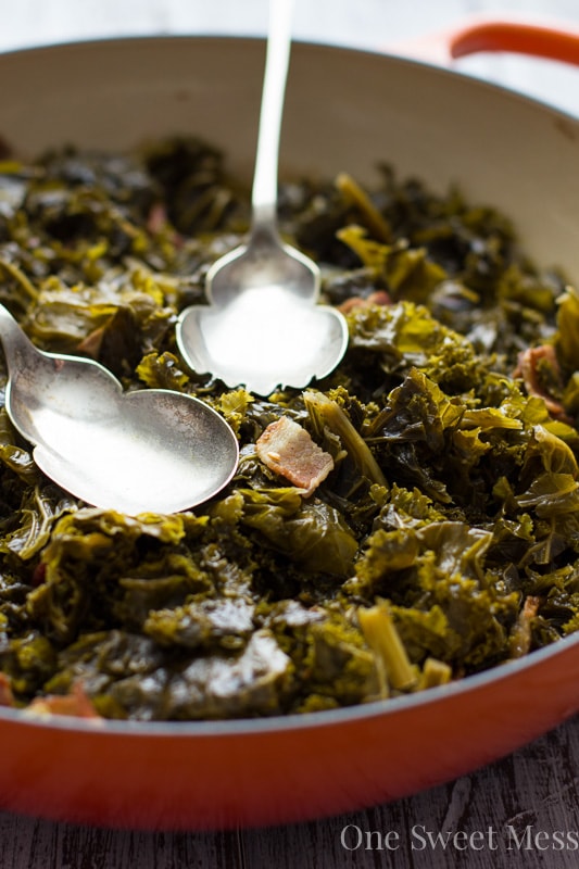 Southern-Style Beer Braised Kale with Bacon - One Sweet Mess