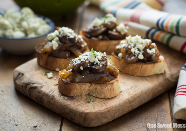Caramelized Onion & Mushroom Crostini with Blue Cheese Crumbles