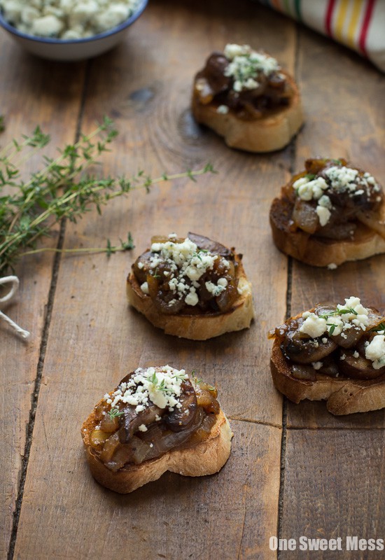 Caramelized Onion & Mushroom Crostini with Blue Cheese Crumbles