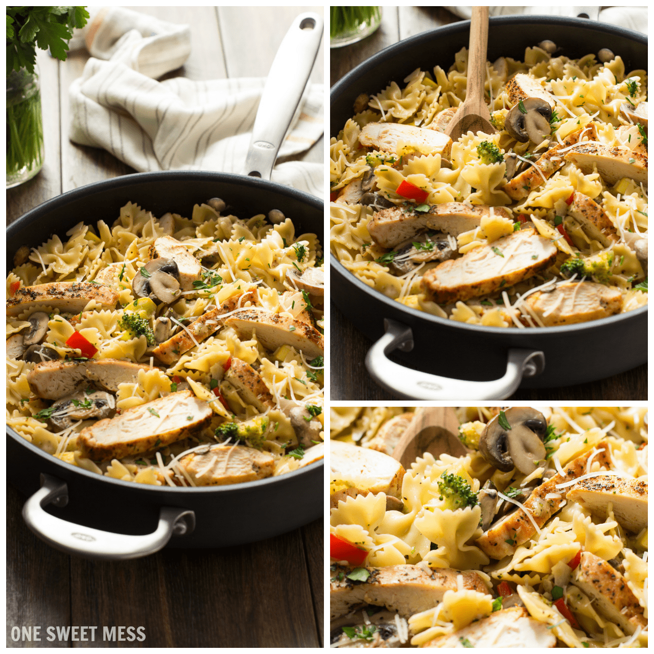 Chicken Alfredo Primavera: Hearty slices of chicken and seasonal veggies get tossed with bow-tie pasta and a creamy, cheese-y alfredo sauce. The entire dish is ready in 30 minutes