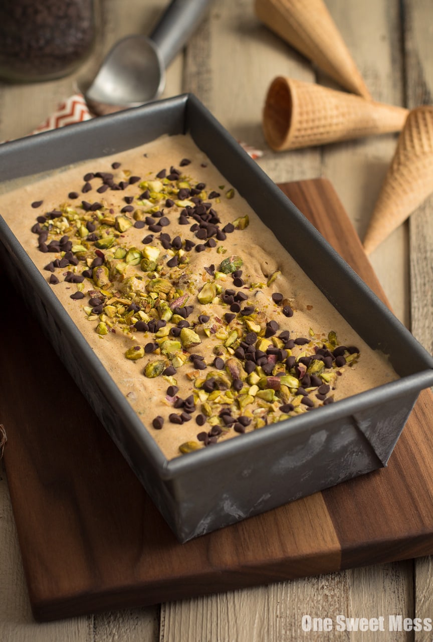Pumpkin Spice Latte Ice Cream with Toasted Pistachios and Mini Chocolate Chips