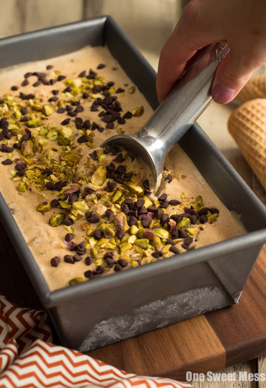 Pumpkin Spice Latte Ice Cream with Toasted Pistachios and Mini Chocolate Chips