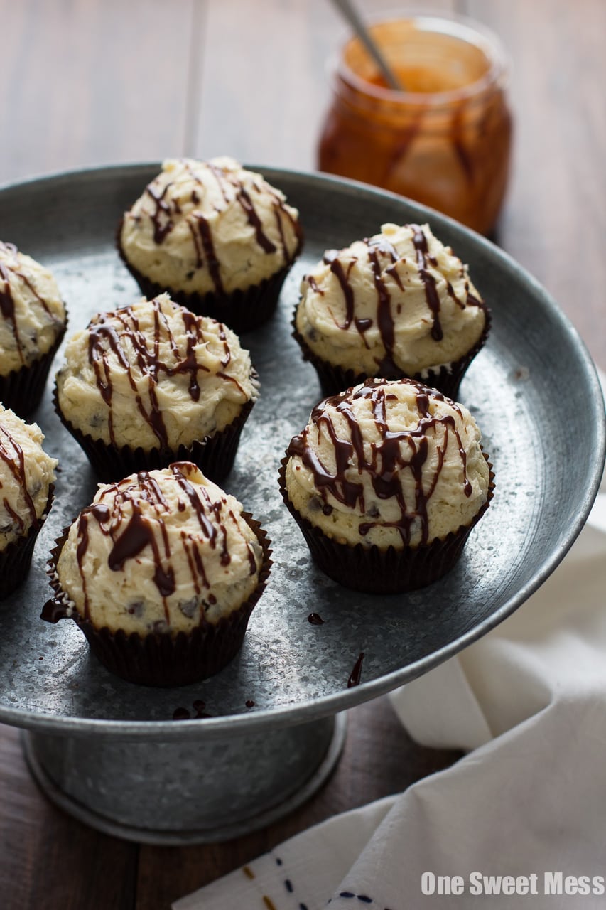 Fudge Stuffed Chocolate Chip Cupcakes with Malted Milk Buttercream Frosting