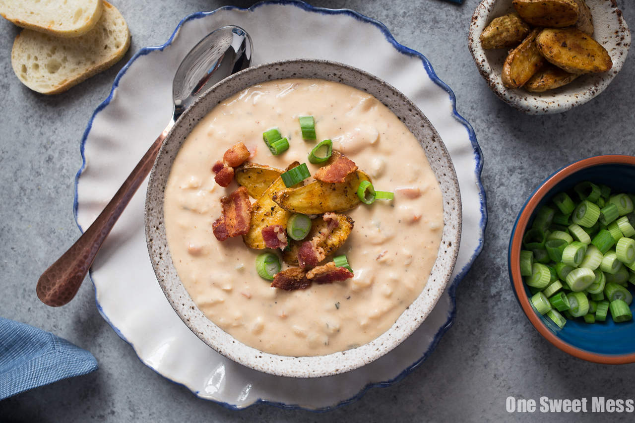 Bacon Beer Cheese Soup with Crispy Potato Croutons
