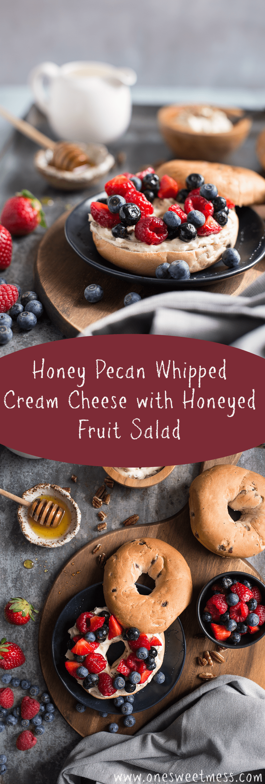 Honey Pecan Whipped Cream Cheese with Honeyed Fruit Salad: The ultimate morning bagel experience!