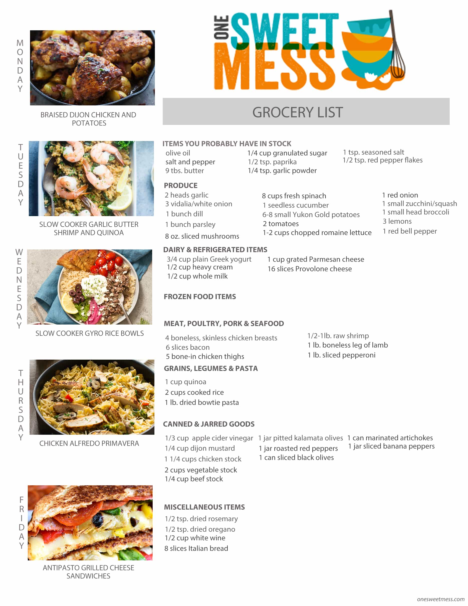 Week of March 13th, 2017 Weekly Meal Plan + Printable Grocery List