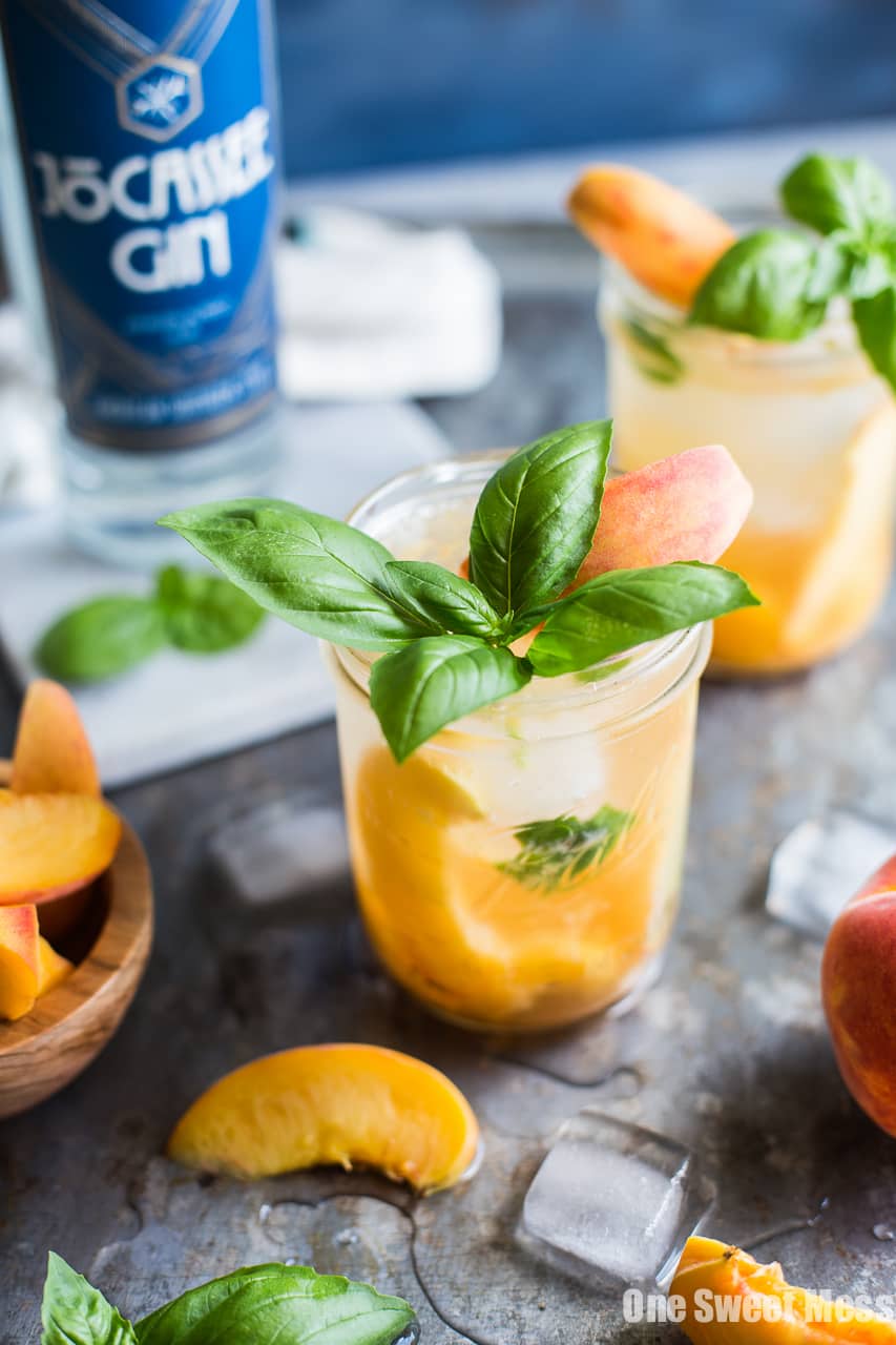 Peach Basil Gin Fizz Cocktail