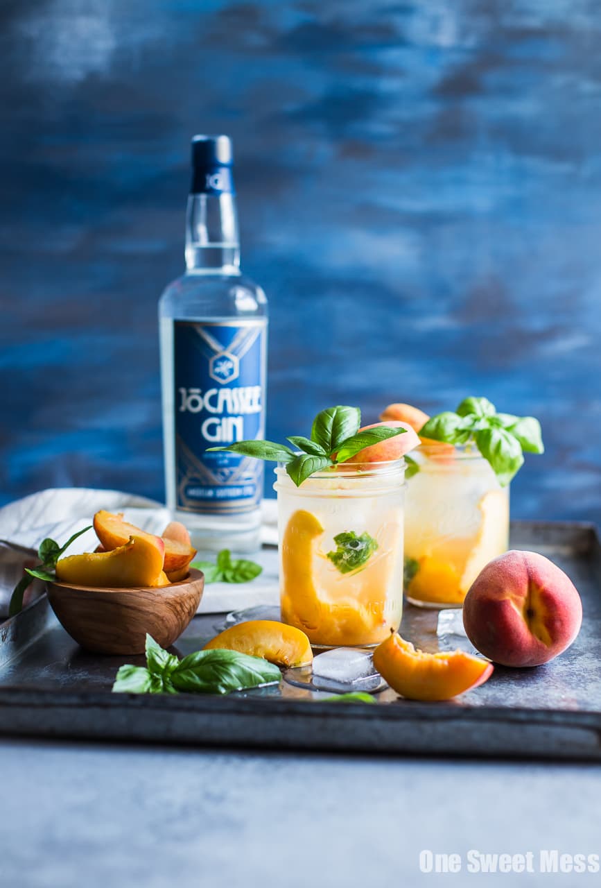 Peach Basil Gin Fizz Cocktail