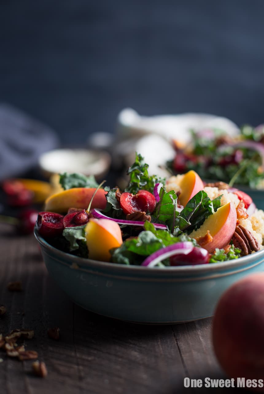 Summer Stone Fruit Kale and Quinoa Salad with Maple Balsamic Vinaigrette (Gluten-Free)