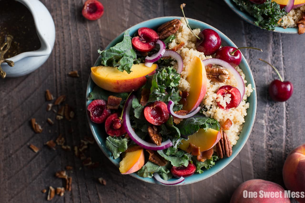 Summer Stone Fruit Kale and Quinoa Salad with Maple Balsamic Vinaigrette (Gluten-Free)