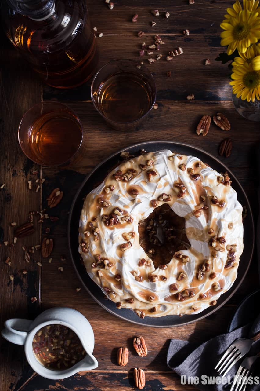 Sweet Potato Bundt Cake with Marshmallow Frosting and Bourbon Pecan Caramel Drizzle