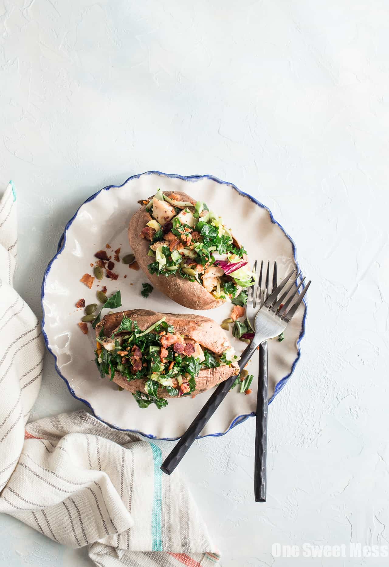 Grilled Chicken & Sweet Kale Salad Stuffed Sweet Potatoes: Loaded with grilled poppy seed dressing glazed chicken and topped with sweet kale salad tossed in warm bacon vinaigrette. Hearty, healthy and gluten-free.