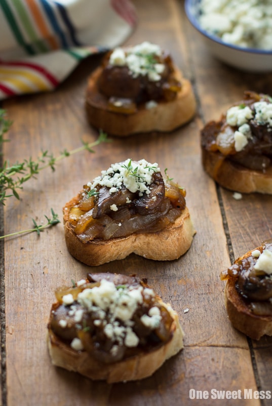 Caramelized Onion & Mushroom Crostini with Blue Cheese Crumbles