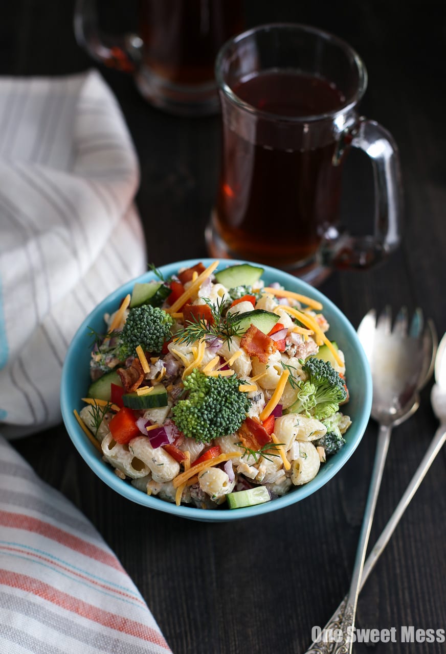 Cheddar Bacon Ranch Pasta Salad: This veggie-loaded pasta salad gets drenched with Greek yogurt ranch dressing and loaded with shredded cheddar cheese and crispy bacon crumbles. 