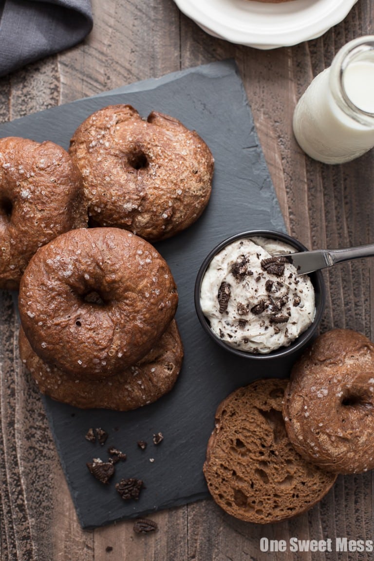 Chocolate Bagels with Cookies & Cream Whipped Cream Cheese One Sweet Mess