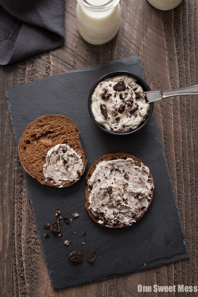 Chocolate Bagels with Cookies & Cream Whipped Cream Cheese One Sweet Mess