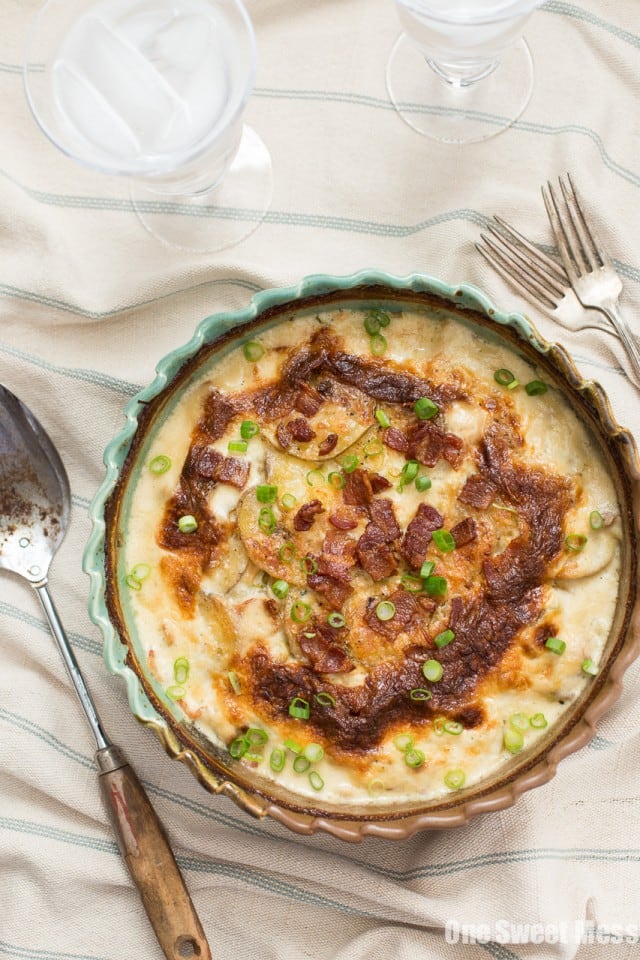 Roasted Garlic, Bacon & Chive Au Gratin Potatoes One Sweet Mess