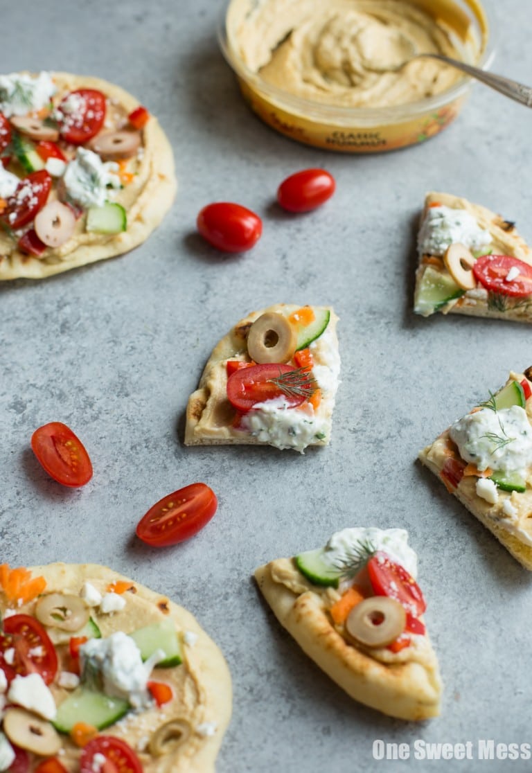 VeggieLoaded Flatbread Pizza with Hummus and Tzatziki One Sweet Mess