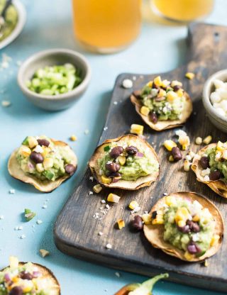 Grilled Corn Salsa & Guacamole Tostadas: This crispy bite-sized appetizer is perfect for football season. They're gluten-free and healthy with a vegan option.